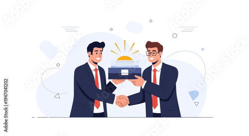 Businessmen shaking hands, exchanging a briefcase with a rising sun symbolizing success and partnership