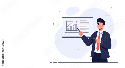 Businessman presenting financial growth chart on whiteboard, business success concept