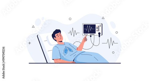Patient in hospital bed with ECG monitor, medical technology concept