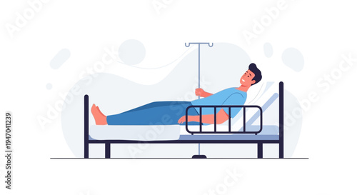 Man in Hospital Bed with IV Drip - Illustration