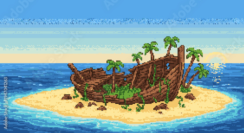 Pixel Art of Shipwrecked on a Tropical Island