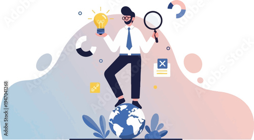 Businessman on globe with lightbulb and magnifying glass