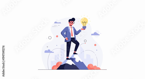 Businessman on mountain top holding glowing light bulb, representing new idea