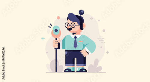 Stylized male figure with glasses, mustache, and microphone