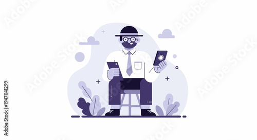 Businessman sitting with phone and tablet, surrounded by abstract shapes and plants