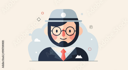 Cartoon character in suit and hat with glasses and beard