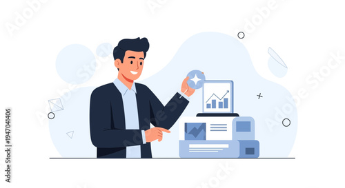 Businessman presenting financial growth chart on laptop, holding star icon