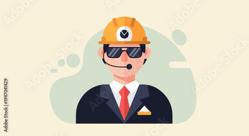 Flat illustrated man wearing hard hat, suit, and sunglasses