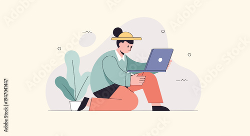 Flat illustration of a person with a laptop and a plant