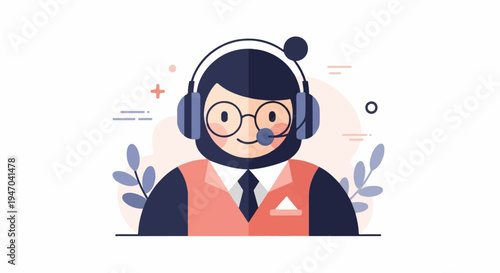 Friendly cartoon support agent wearing headphones and glasses, smiling