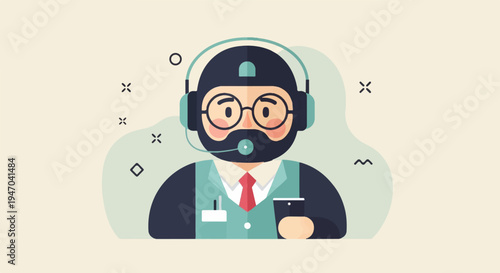 Cartoon man with headset and phone, flat vector illustration