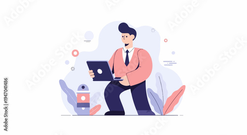Cartoon man in a pink sweater and dark pants holding a laptop