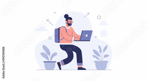 Flat illustration of a person with backpack working on a laptop outdoors