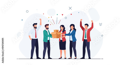 Teamwork success: colleagues celebrating, sharing gift boxes, teamwork, collaboration, achievement