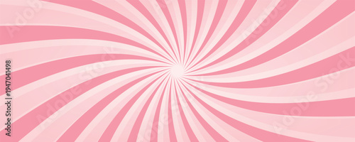Candy color sunburst background. Abstract pink cream sunbeams design wallpaper. Colorful spinning lines for template, banner, poster, flyer. Sweet rotating cartoon swirl or whirlpool. Vector backdrop