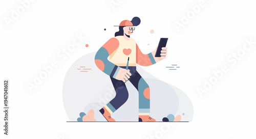 Cartoon figure holding a tablet and stylus, wearing a cap and glasses