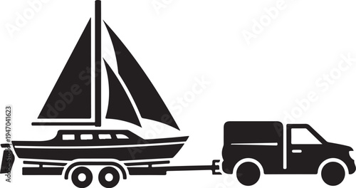Black vector illustration of a truck towing a sailboat on a trailer