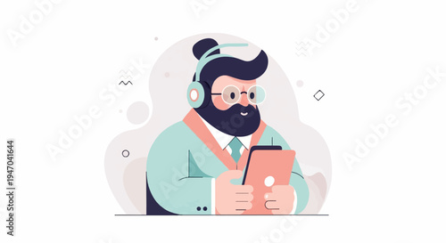 Bearded person with headphones holds a tablet, surrounded by abstract shapes