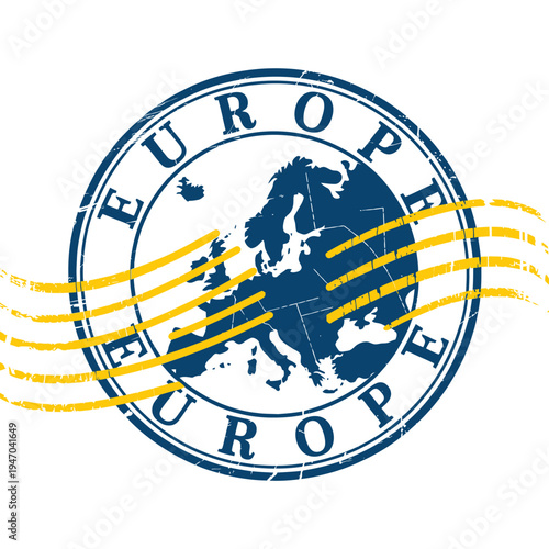 A circular stamp depicting the continent of europe with text