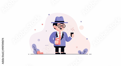 Cartoon man in a suit and hat holding a book and coffee