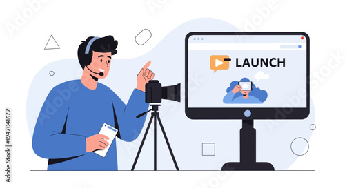 Content Creator with Camera and Computer, Launching Video Online