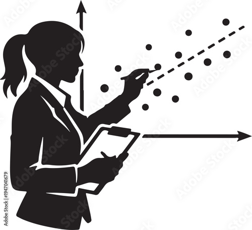 Businesswoman silhouette plotting scatter plot insights, focused calculation stance