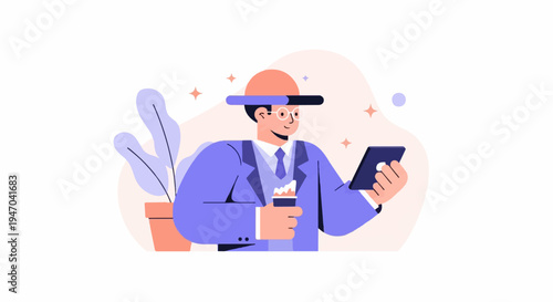 Businessman with coffee and tablet, stylized flat design with plants