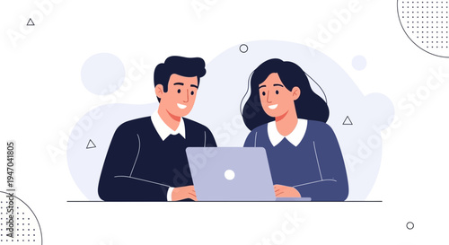 Smiling colleagues collaborating on a laptop, modern flat illustration.