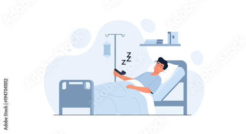 Man sleeping in hospital bed with IV drip and phone