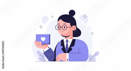 Businesswoman holding a purple card with a white heart, wearing glasses and a suit