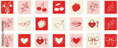 Valentines day post stamps in hand drawn doodle charcoal style. Wedding invitation postal elements for poster, placard or postcard prints. Love vector illustrations for mail, letters and scrapbook