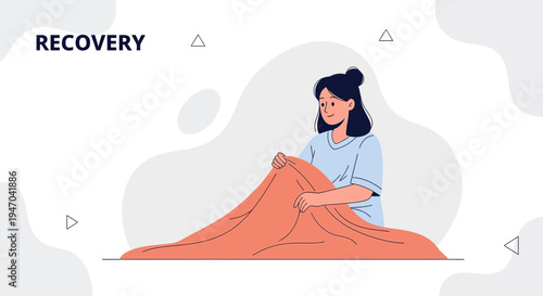 Woman recovering under blanket, mental health, self care, comfort, illustration