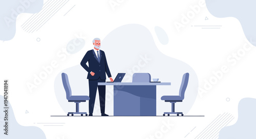 Elderly businessman in suit standing in modern office with laptop and desk