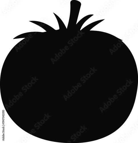 Black silhouette of a ripe tomato with a green stem and leaves