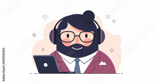 Bearded man with glasses and headphones using laptop