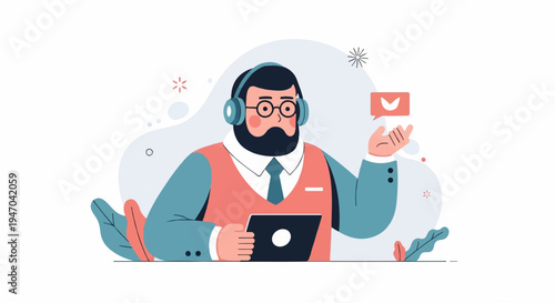Bearded person with headset and tablet, offering service or information