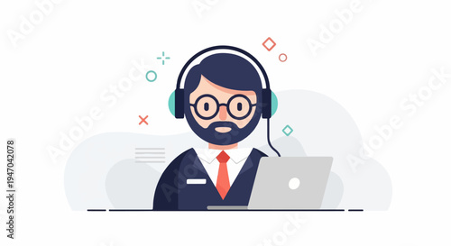 Bearded man with glasses and headphones works on laptop, abstract shapes
