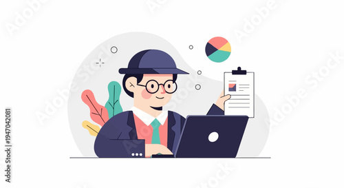 Businessman with laptop and charts, surrounded by abstract foliage