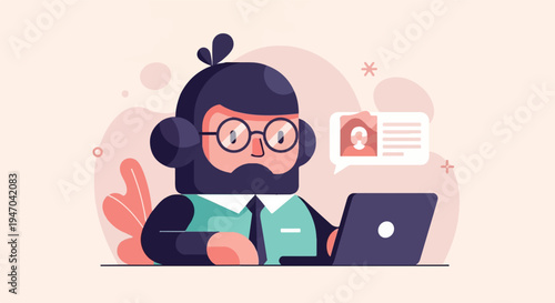 Bearded man with glasses and headset working on laptop, chat bubble