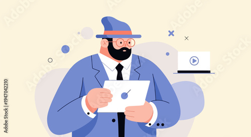 Bearded man in suit and hat holds tablet; laptop with play button visible