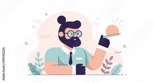 Bearded man with glasses holds a glowing orb on a tray