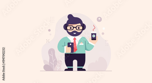Bearded man with glasses holding phone and coffee