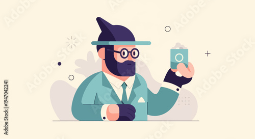 Bearded man in suit and hat holds up a carton of foamy drink