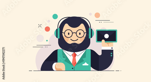 Bearded man in suit and headphones holds envelope with white circle