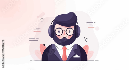 Bearded man in suit and headphones, pink abstract background