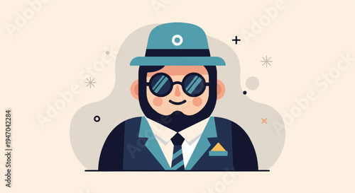 Cartoon character with beard, hat, sunglasses, and suit