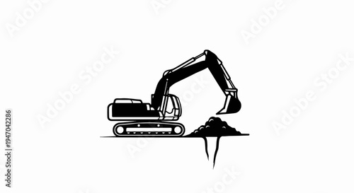 Black silhouette of an excavator digging a hole and piling dirt on white