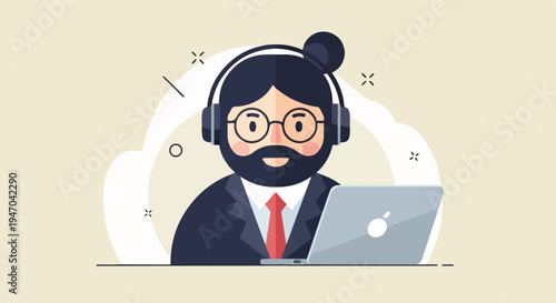 Bearded man in suit and headphones working on laptop, flat illustration