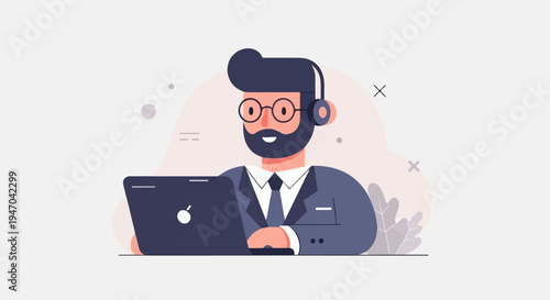 Bearded man in suit and headset working on laptop with minimalist background