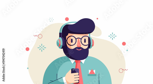 Bearded man with headphones and phone, flat illustration style